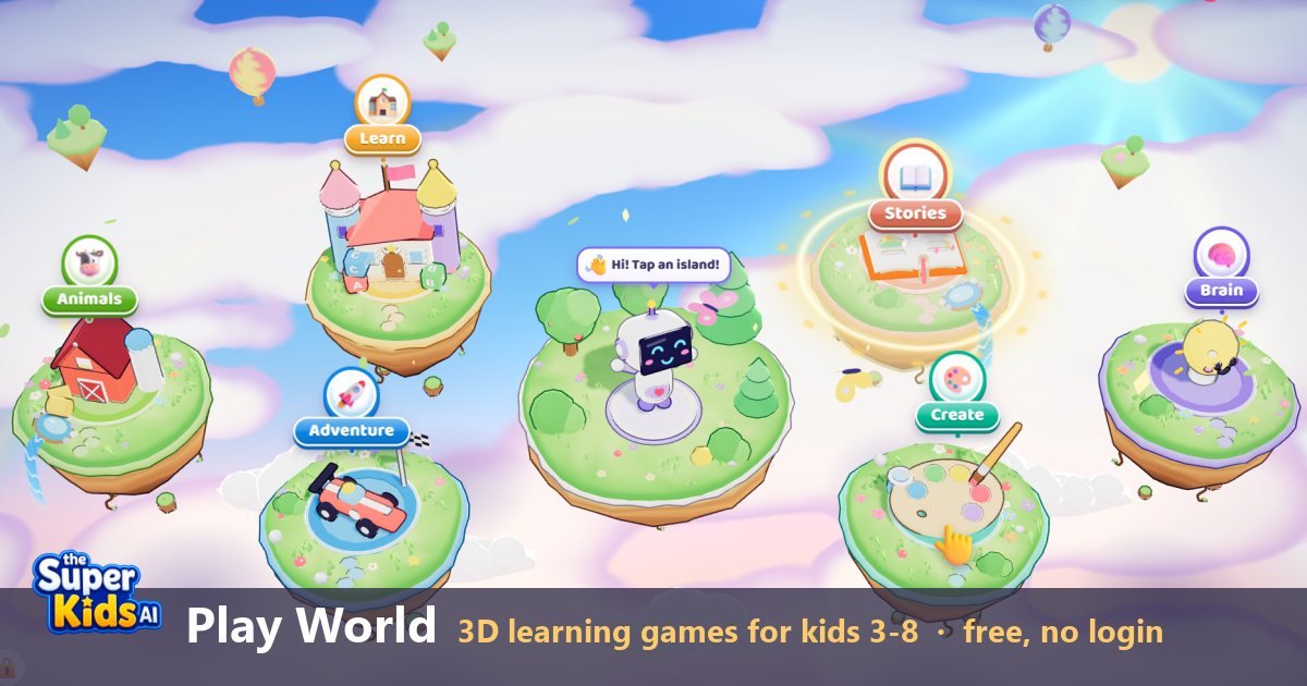 Play World home: six floating 3D islands named Learn, Stories, Brain, Create, Adventure and Animals around Supi the robot