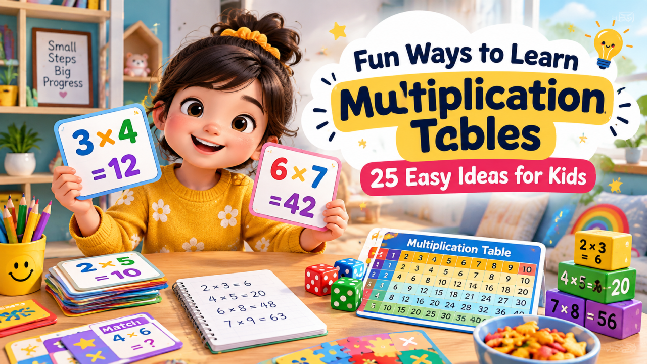 Children learning multiplication tables with flashcards, dice, number charts, and fun math games