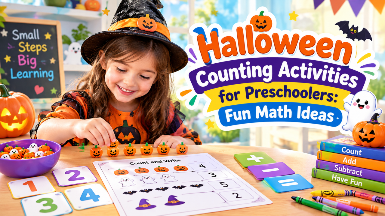 Preschool child doing a Halloween counting activity with pumpkins and number cards
