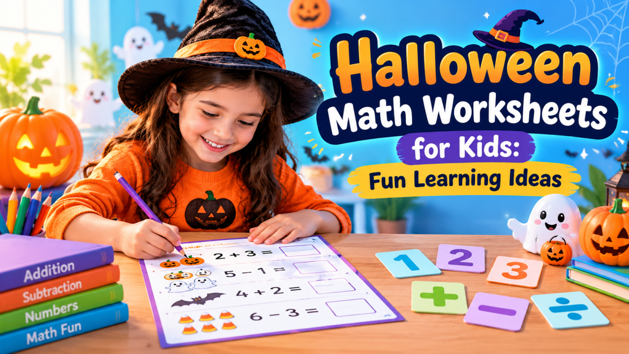 Child using Halloween math worksheets with pumpkins, friendly ghosts, and numbers