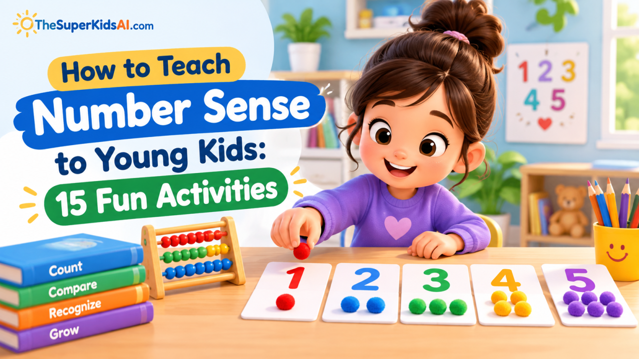 Young children learning number sense with colorful counting blocks, number cards, and everyday objects