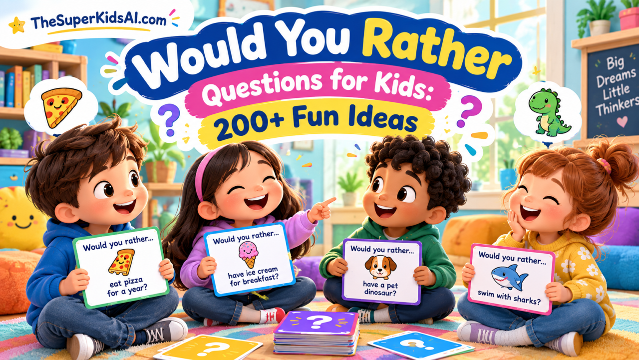 Kids playing a fun would you rather question game with friends, laughing and choosing between two silly options