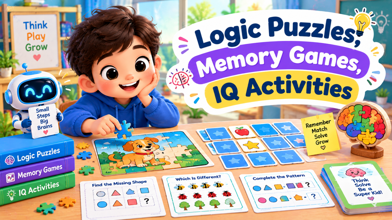 Kids solving logic puzzles, memory games, and IQ activities
