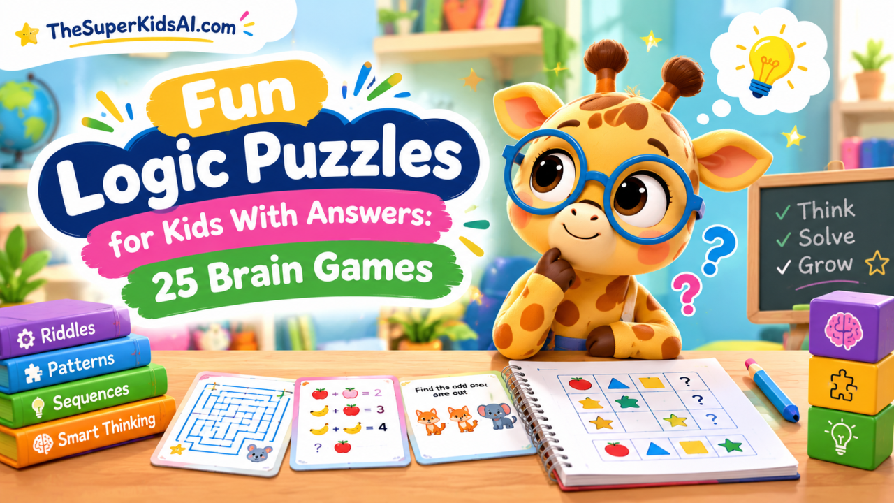 Children solving fun logic puzzles with number games, riddles, and brain teasers