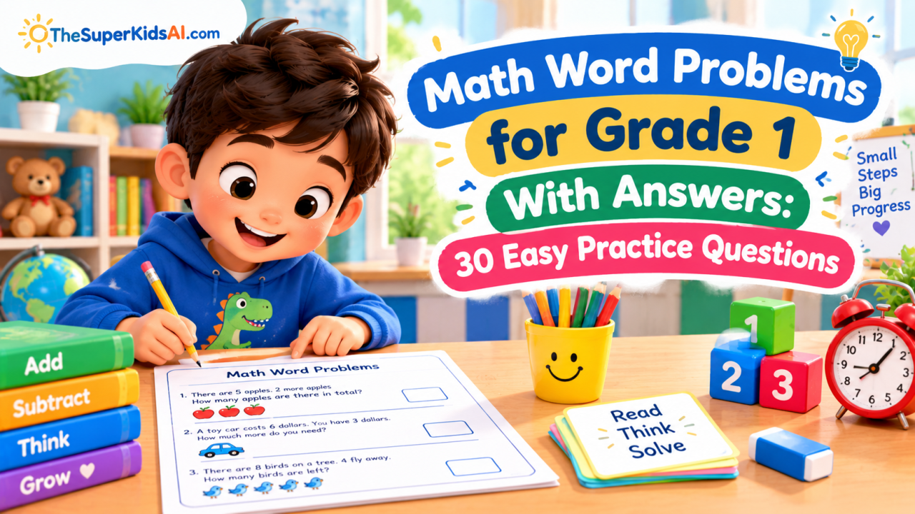 Grade 1 child solving math word problems with numbers, pictures, and answer steps