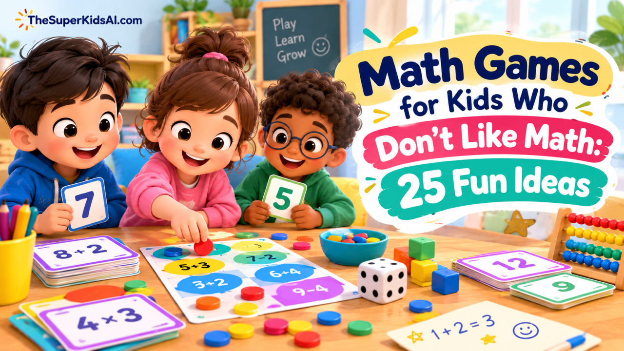 Children playing fun math games with number cards, dice, and colorful counting objects