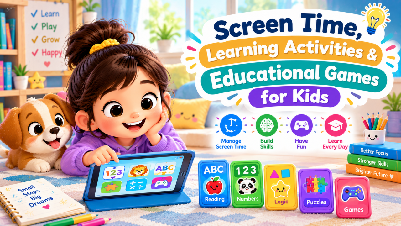 Children using educational games and learning activities during screen time